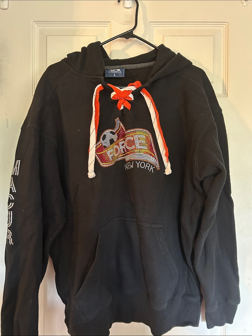 Black Hooded Sweatshirt with Force NY Embellished Graphic - New York